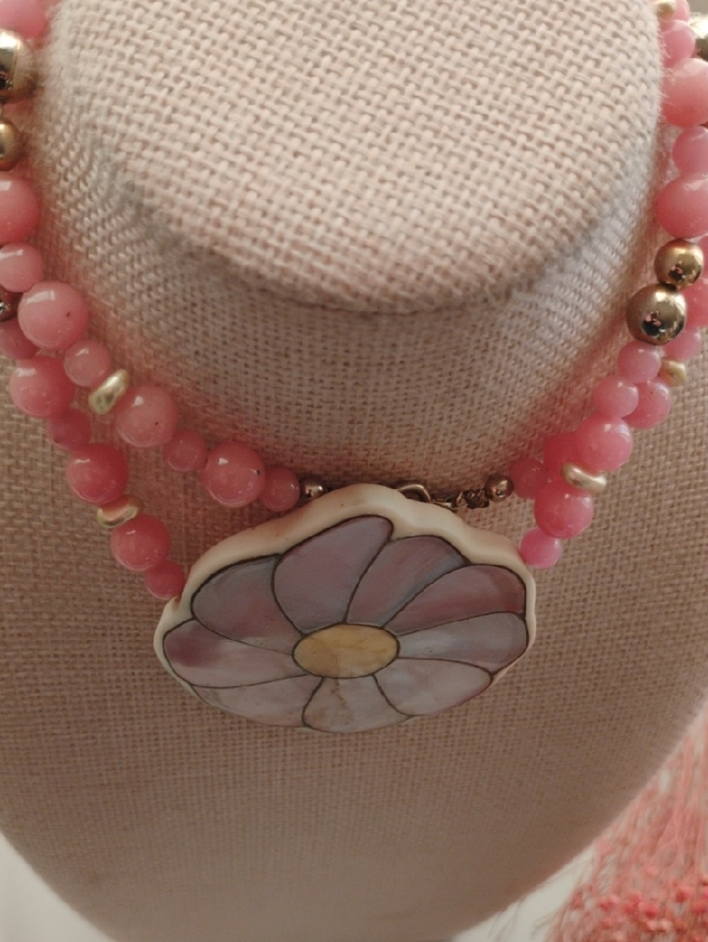Karla Jordan Pink Glass Bead Neklace with Large Statement Flower Pendant
